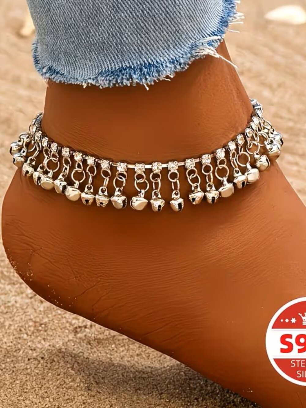 #121High Quality and Hypoallergenic Golden Inlaid Bell Ankle Chain with
